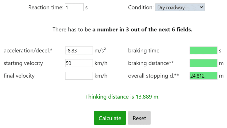 Calculator For (Total) Stopping/Braking Distance - DI Strommer